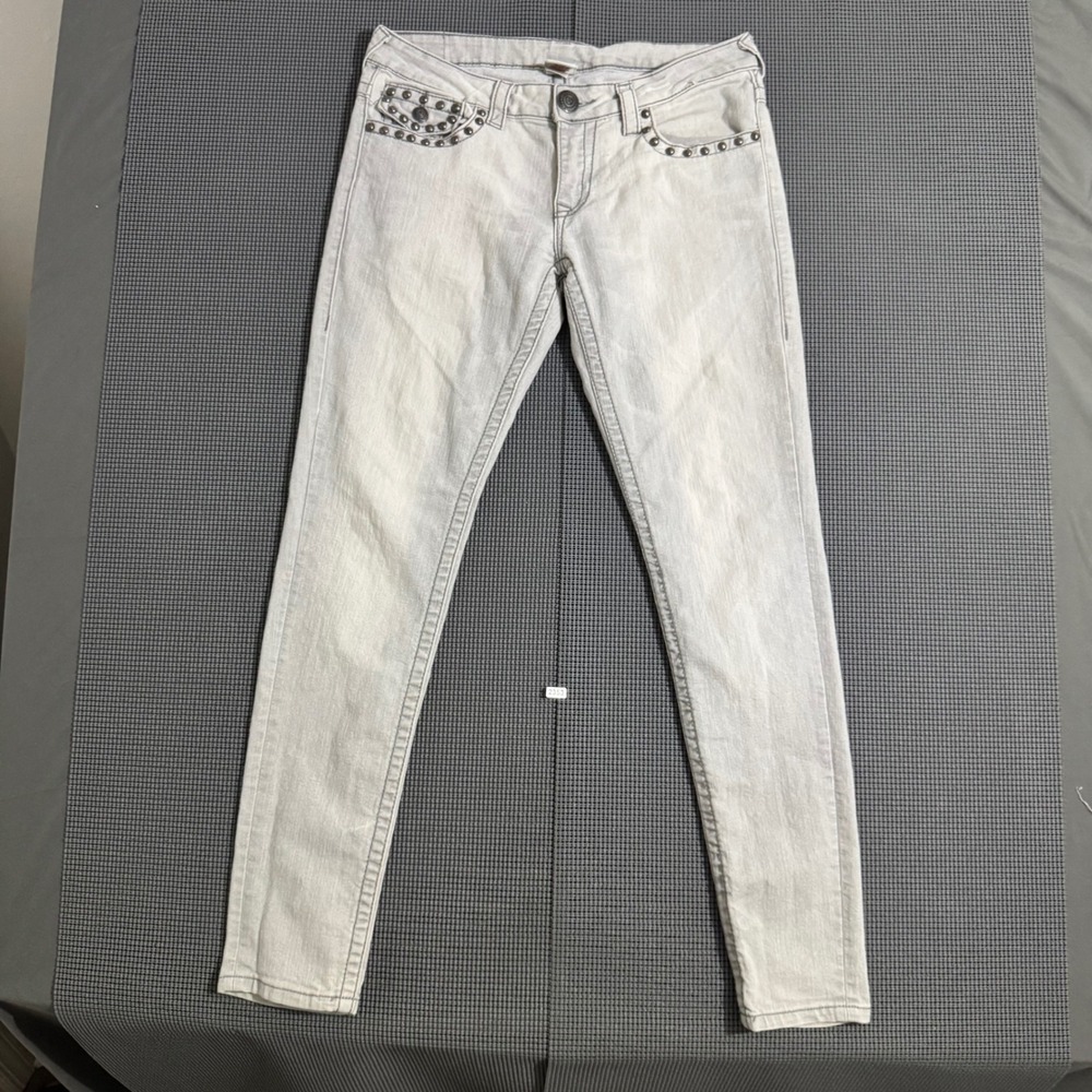 True Religion Julie Skinny Jeans Light Gray Studded Flap Pocket Womens Size 30